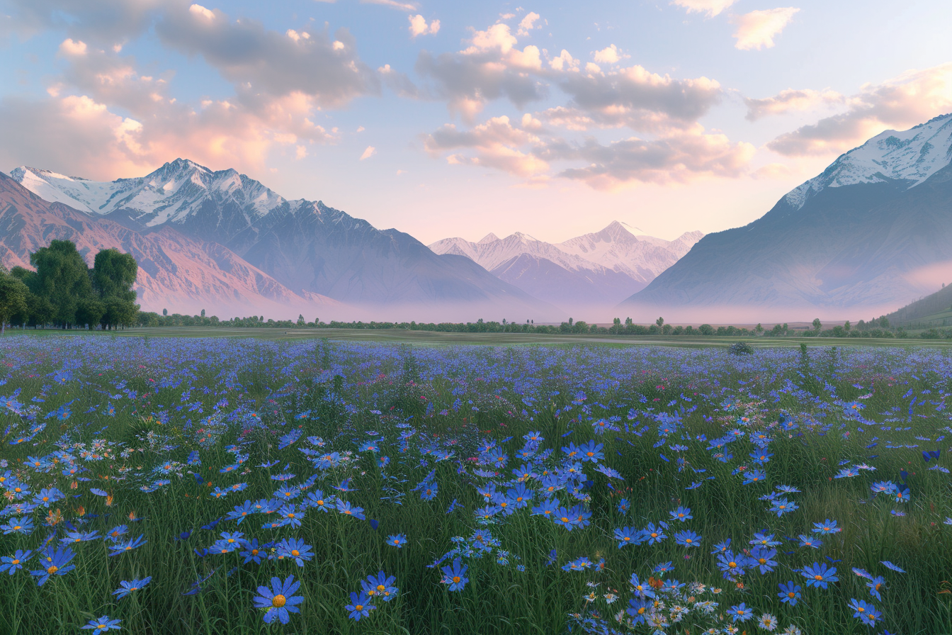 Blue wildflowers in Kashmir at dusk