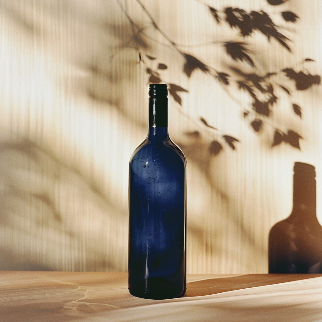 Blue wine bottle on calming background