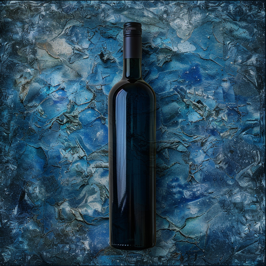 Blue wine bottle in water