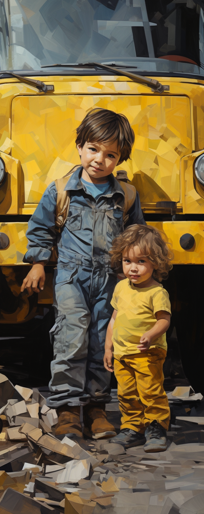 Man in blue work robe and boy with yellow truck