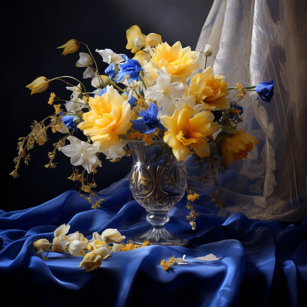 Blue and Yellow Bouquet in Crystal Vase