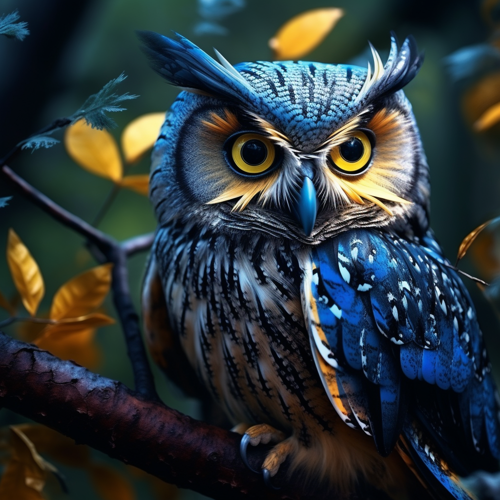 Beautiful photorealistic blue and yellow owl in nature