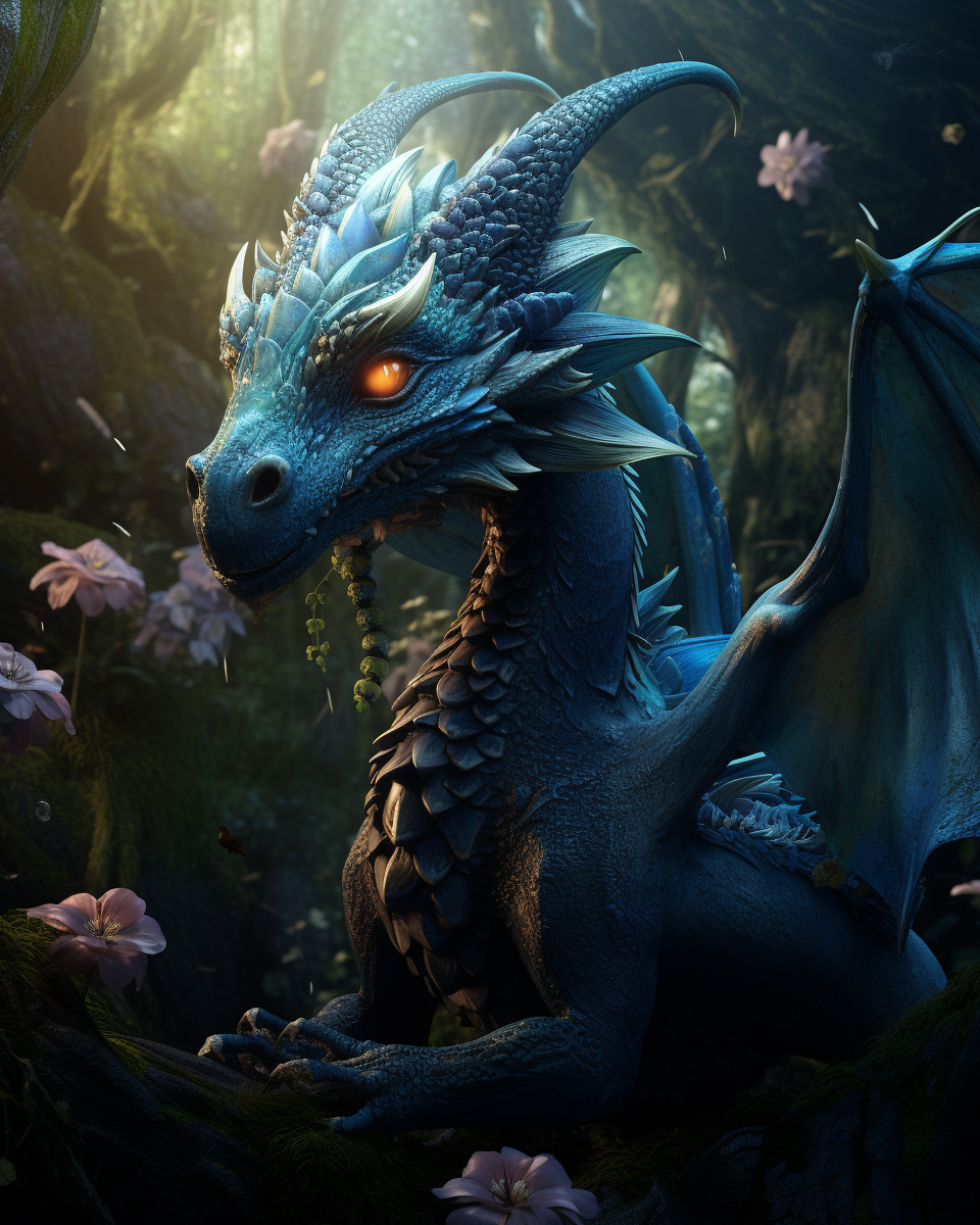 Blue Young Dragon in Magic Forest