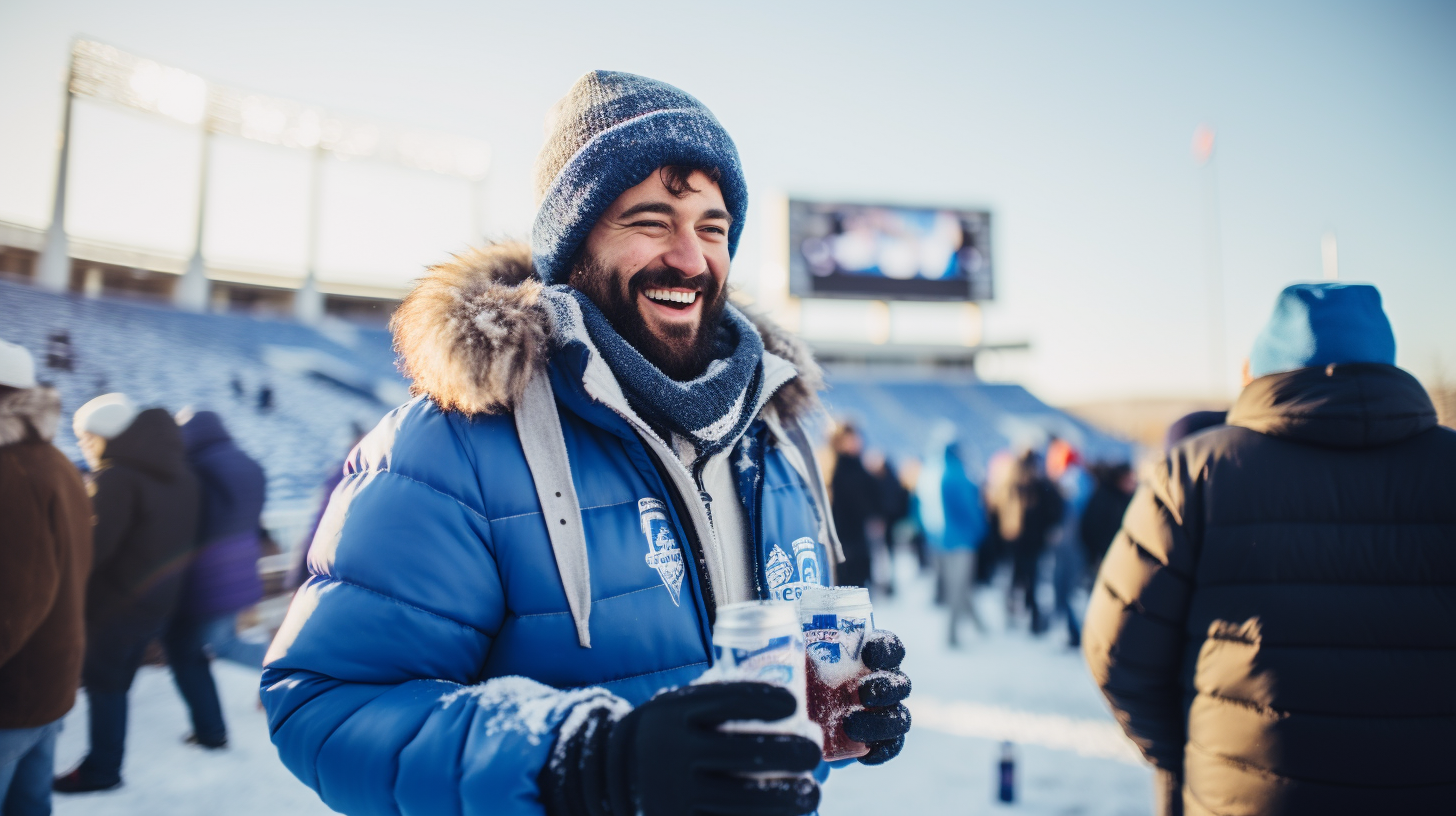 Man enjoying blue cola at tailgate party