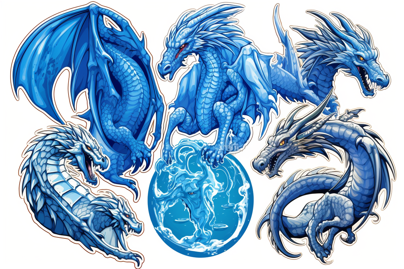 Assorted Blue Dragon Stickers on White Background