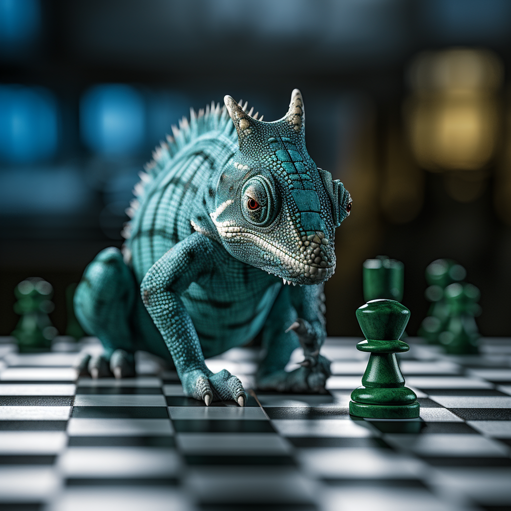 Blue and green chameleon on chess board