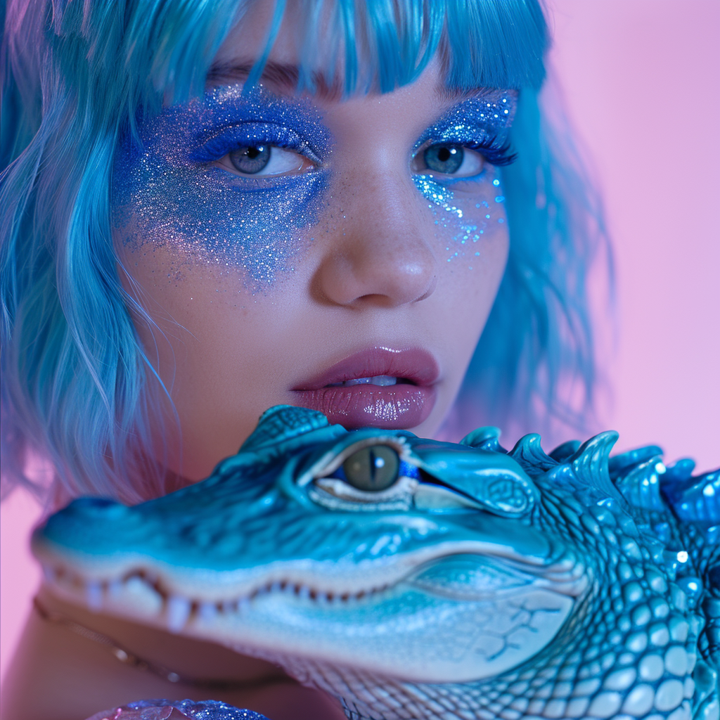 Blue Hair Model with Alligator Glitter