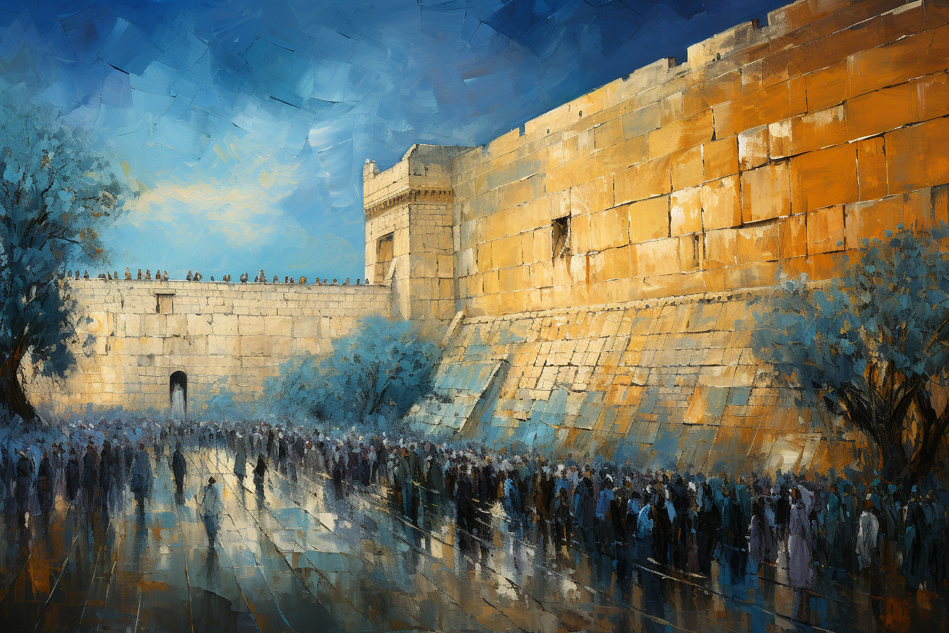 Vibrant blue-hued painting of Western Wall in Jerusalem