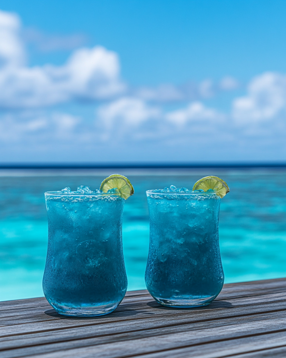 Blue Lagoon Cocktails Wooden Table Sea