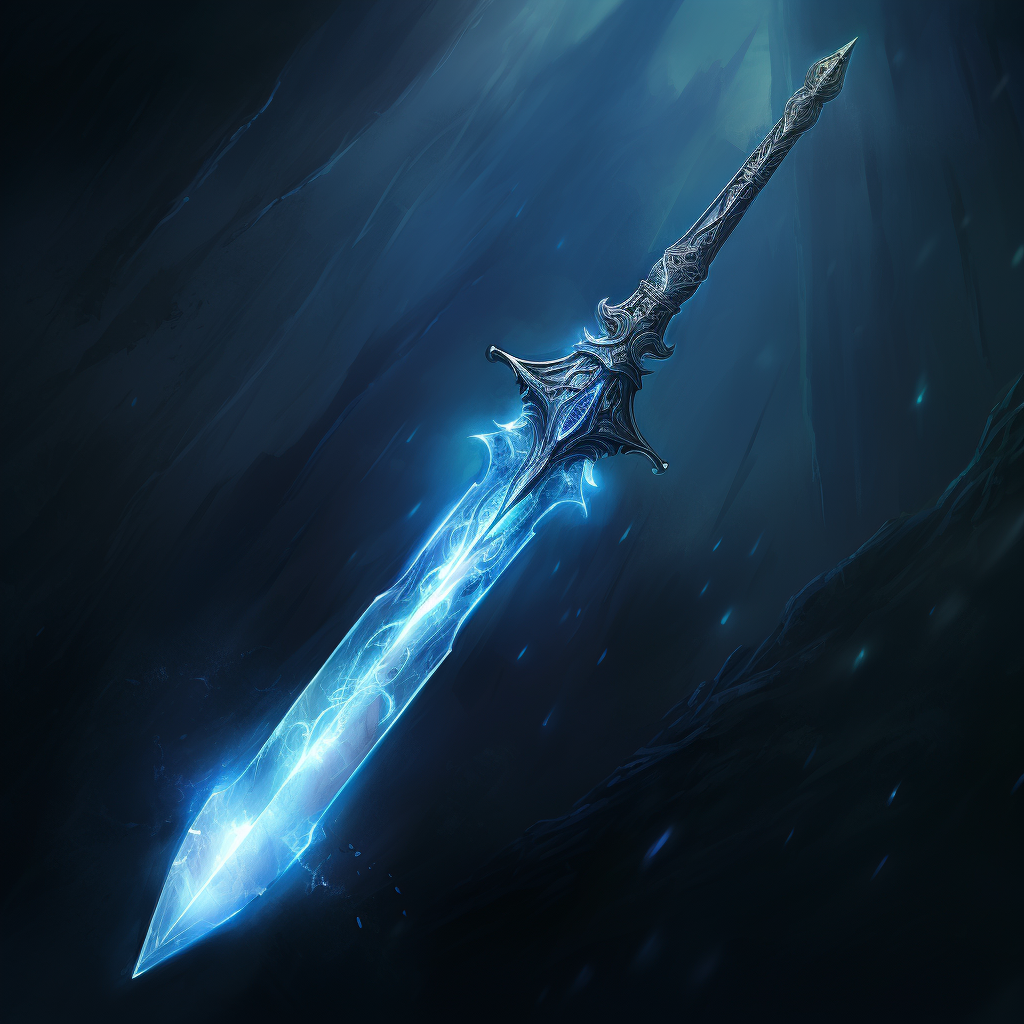 Pointed sword emitting blue light