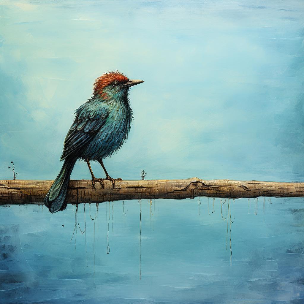 Bird sitting on wood stick by blue ocean