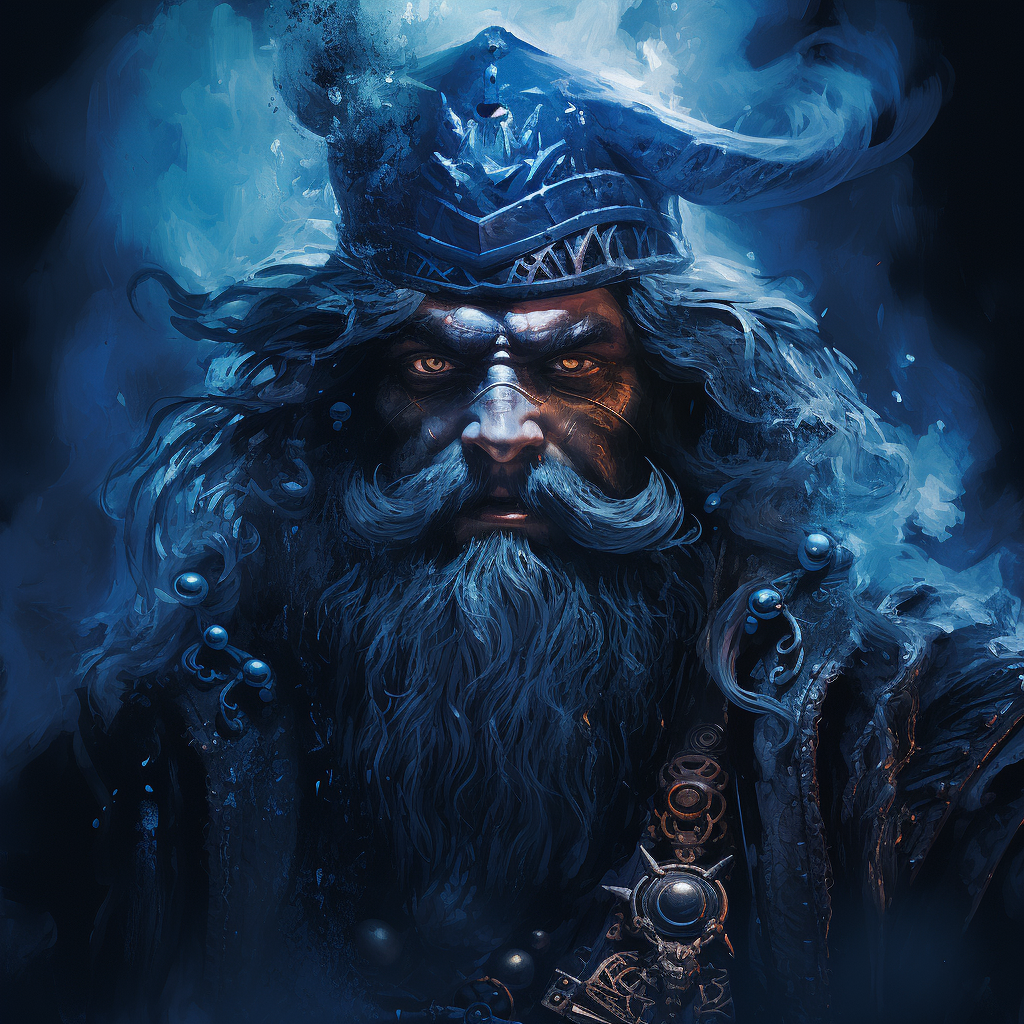 Blue-skinned gnome with black beard in D&D fantasy