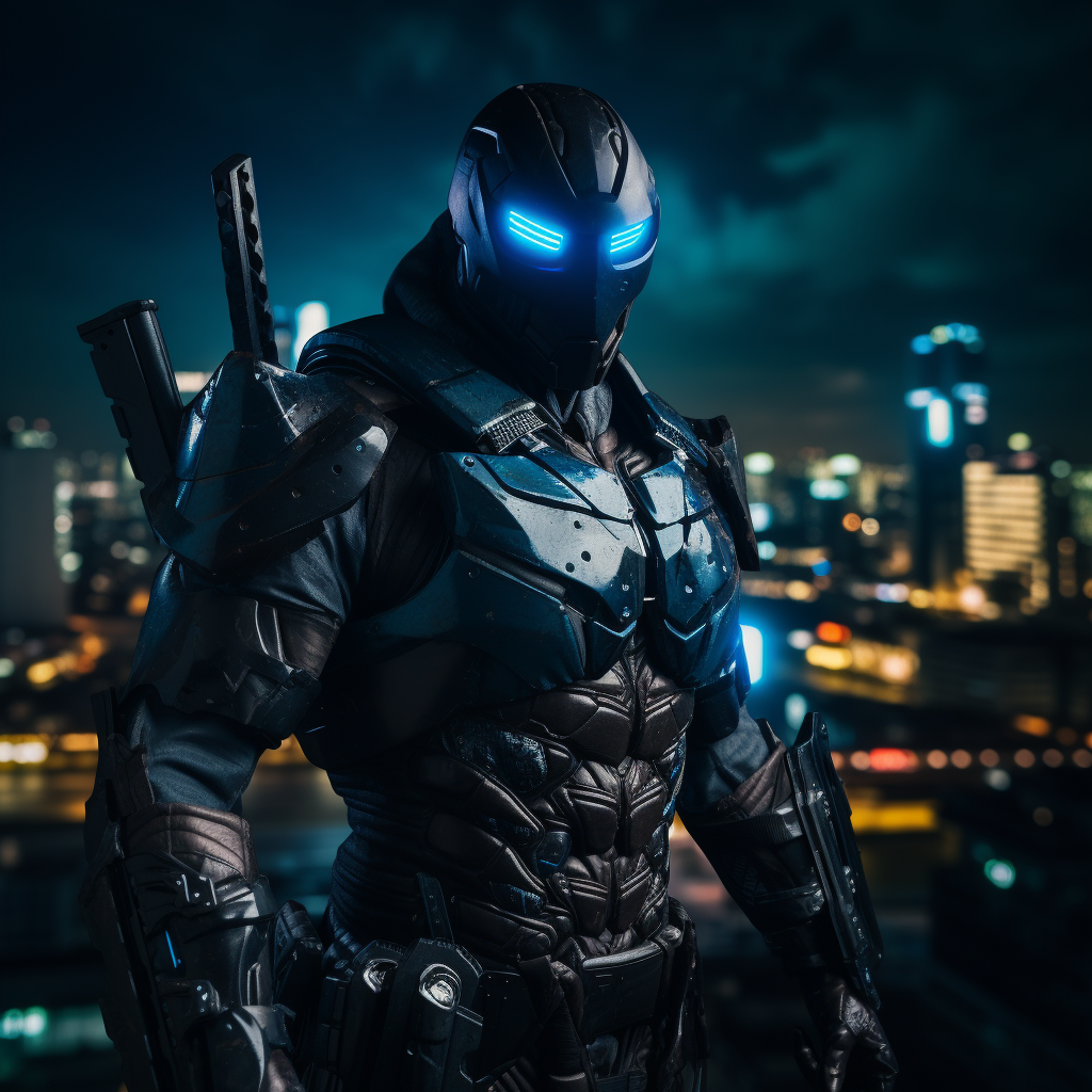 A vigilante in blue tactical armor overlooks the city at night.