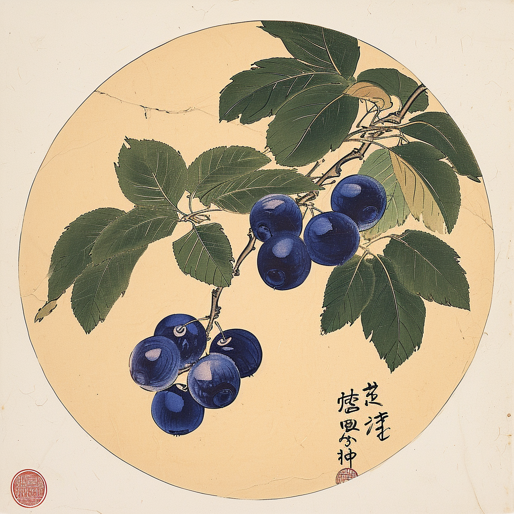 Colorful blueberry circular ukiyo-e painting