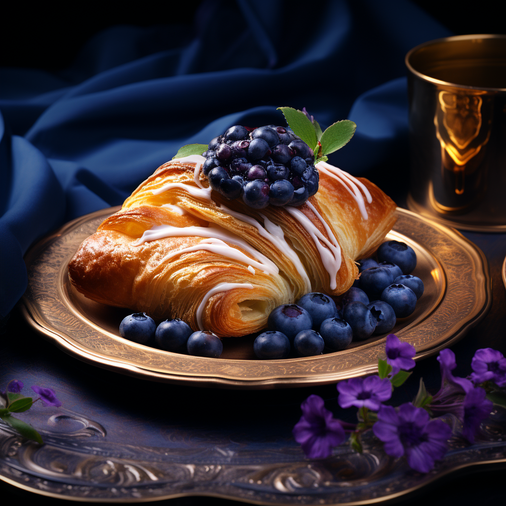 Exquisite Blueberry Danish served on a Gold Plate