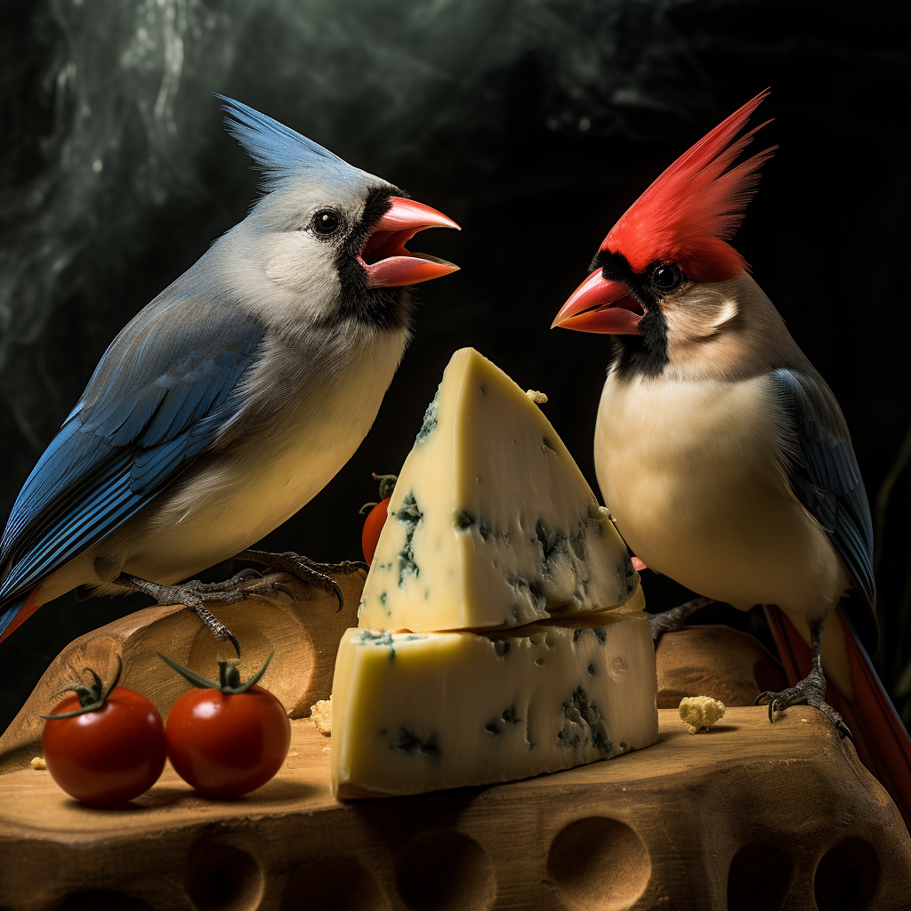 Bluejays and cardinal fighting over cheese