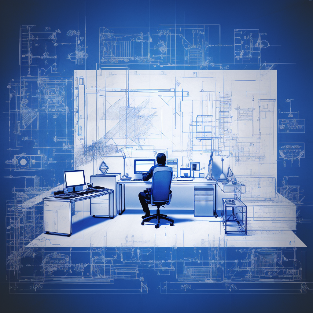 Bedroom Blueprint Schematic with Desk Chair Computer Person