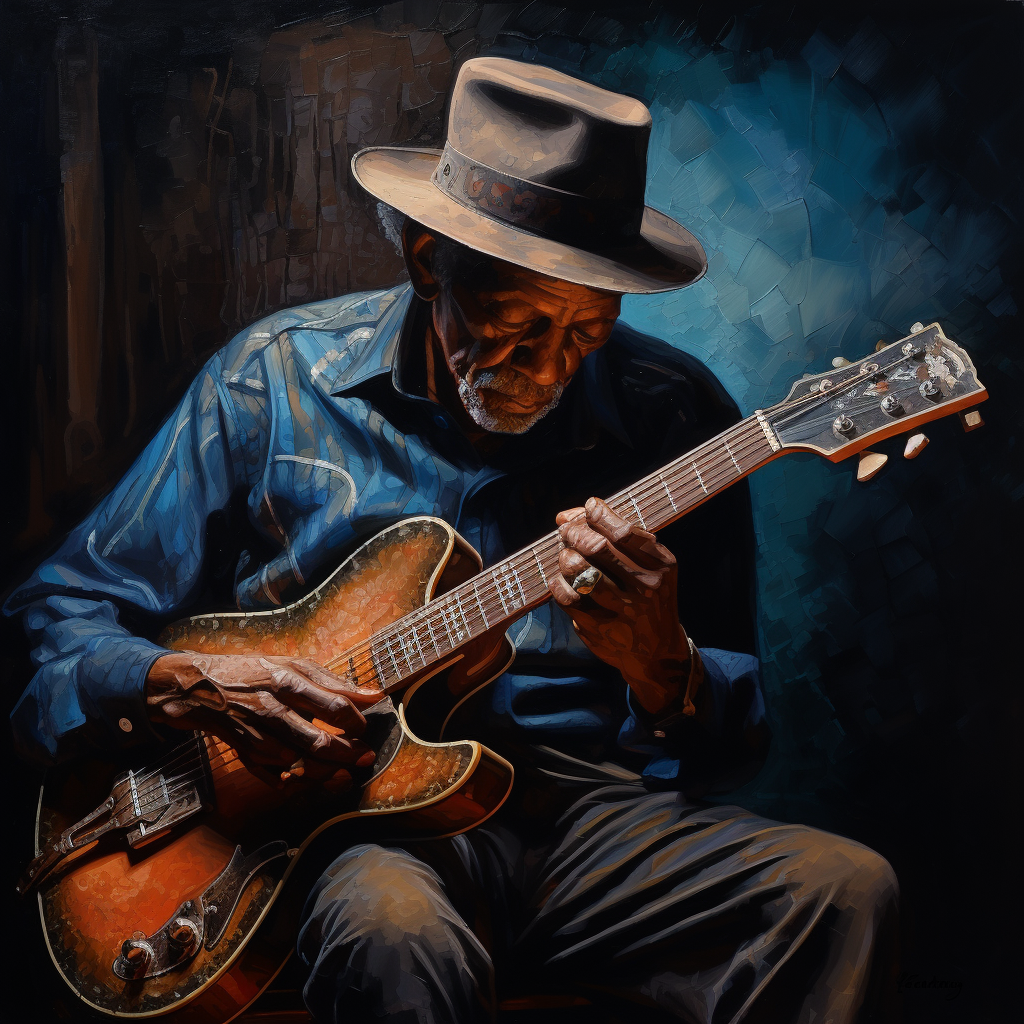 Blues guitar player lost in moment