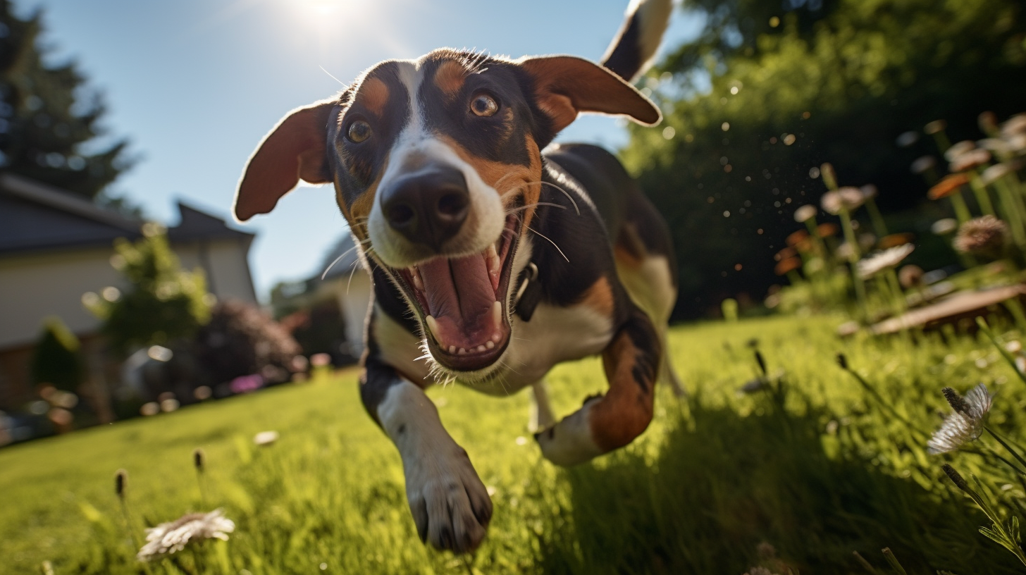 Energetic bluetick hound beagle mix playing in backyard