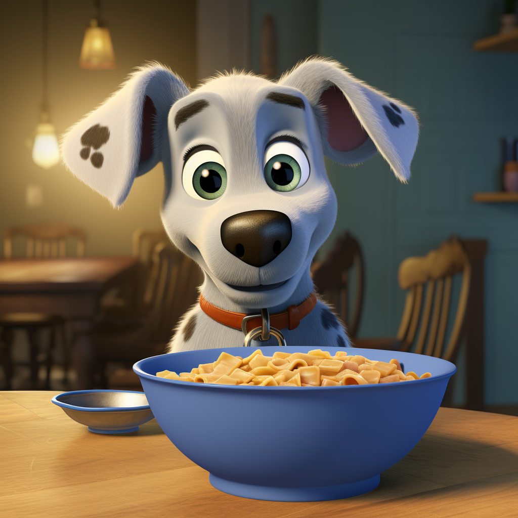 Bluey dog enjoying blue pasta