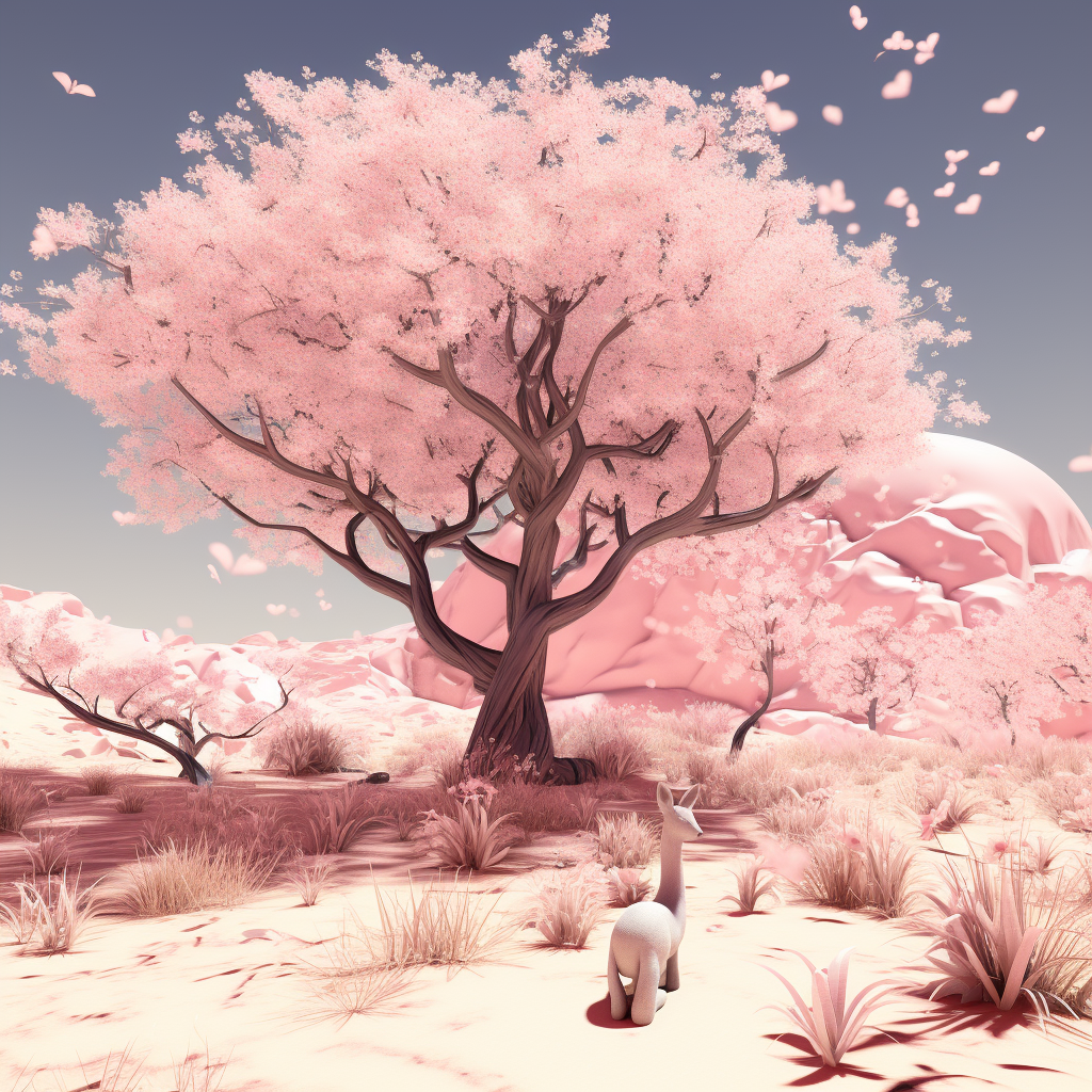 Blush Pink Cherry Blossom Tree with Bunny and Deer