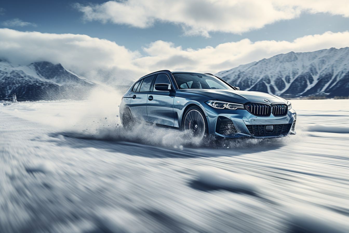 BMW M340i Touring drifting on a picturesque glacier