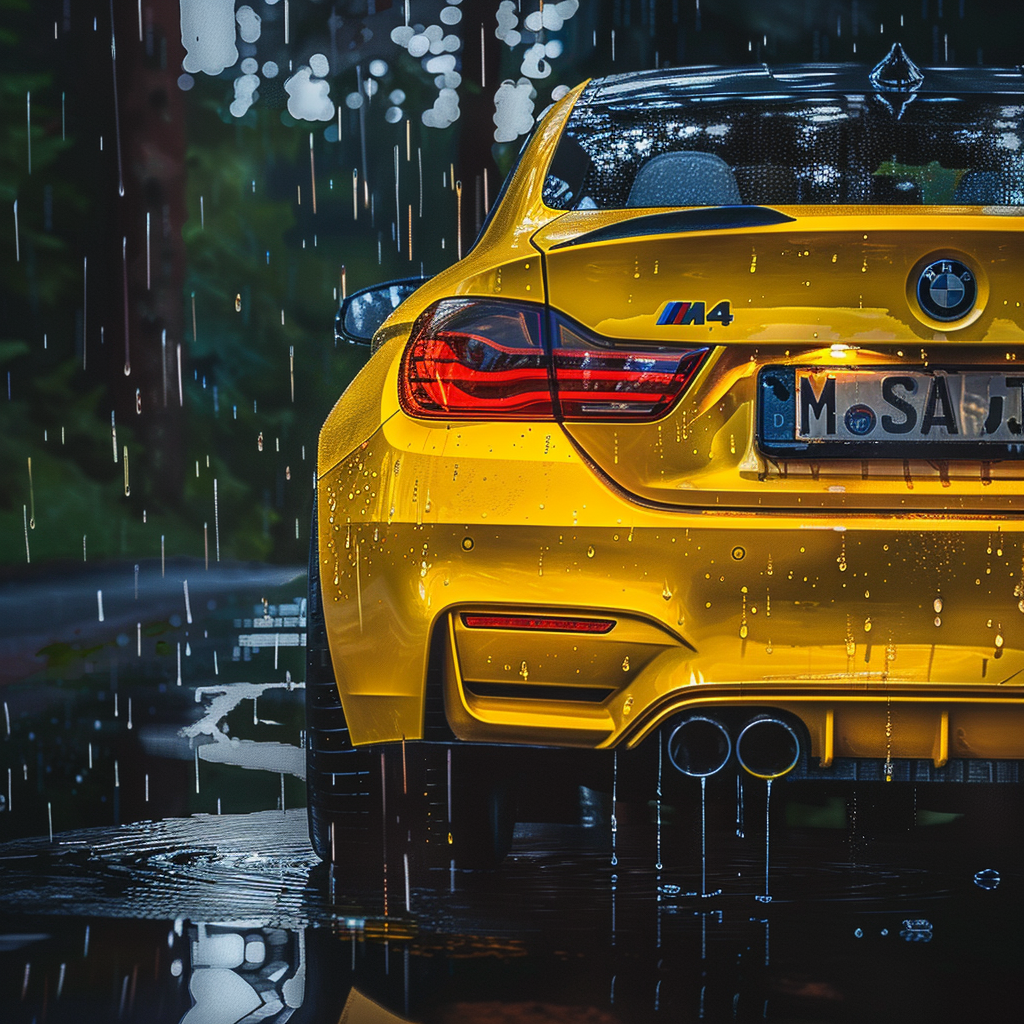 BMW M4 yellow rain back