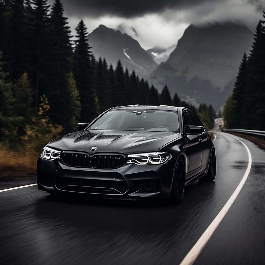 Menacing black BMW M5 Competition revving its engine