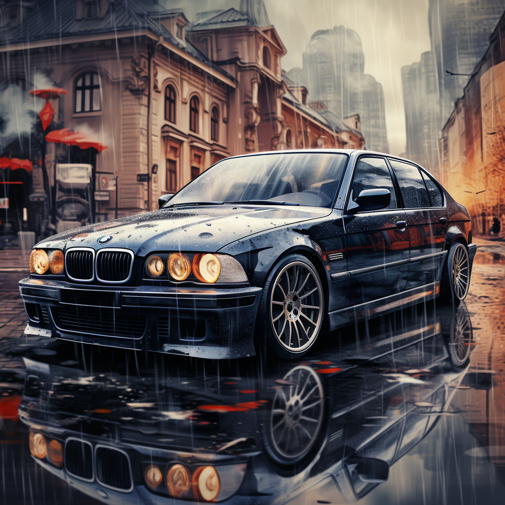 Vintage BMW M5 E38 with Rainy City Background