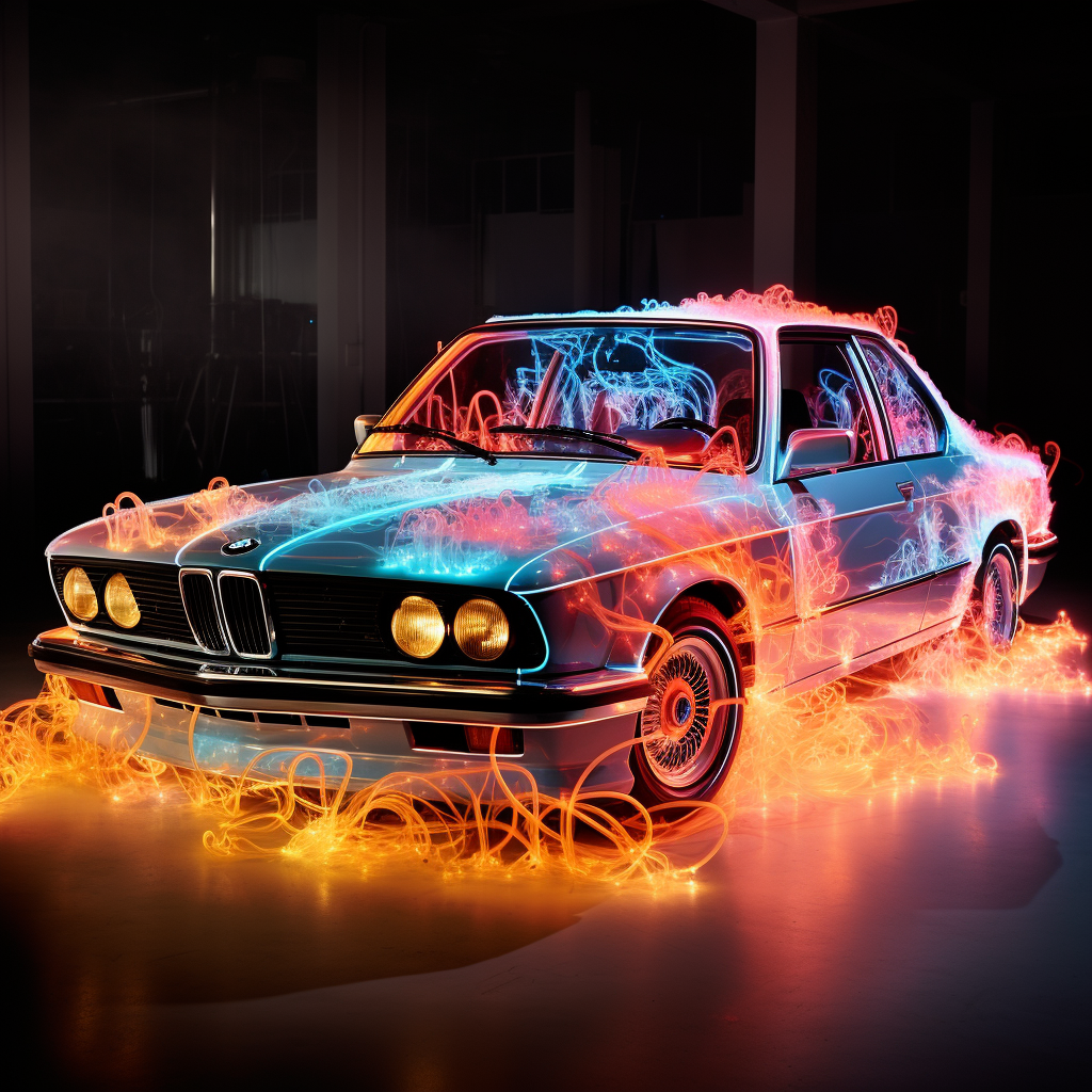 BMW surrounded by LED neon lights and smoke