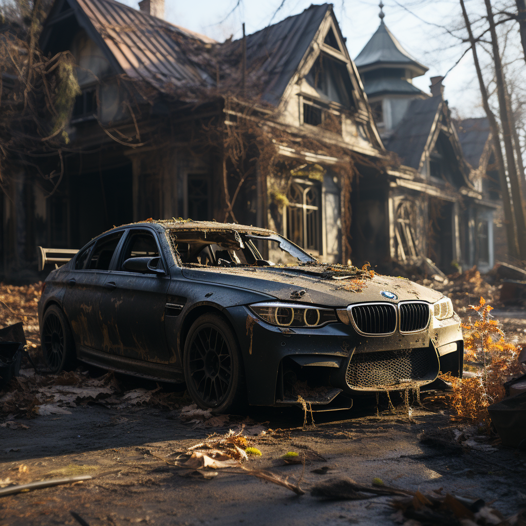 Damaged BMW M5 2021 outside stunning house