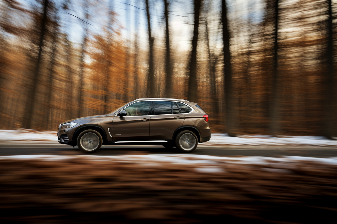 BMW X5 driving in early winter scene