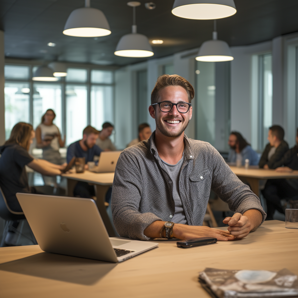 Relaxed young man leading productive boardroom meeting  ?‍?