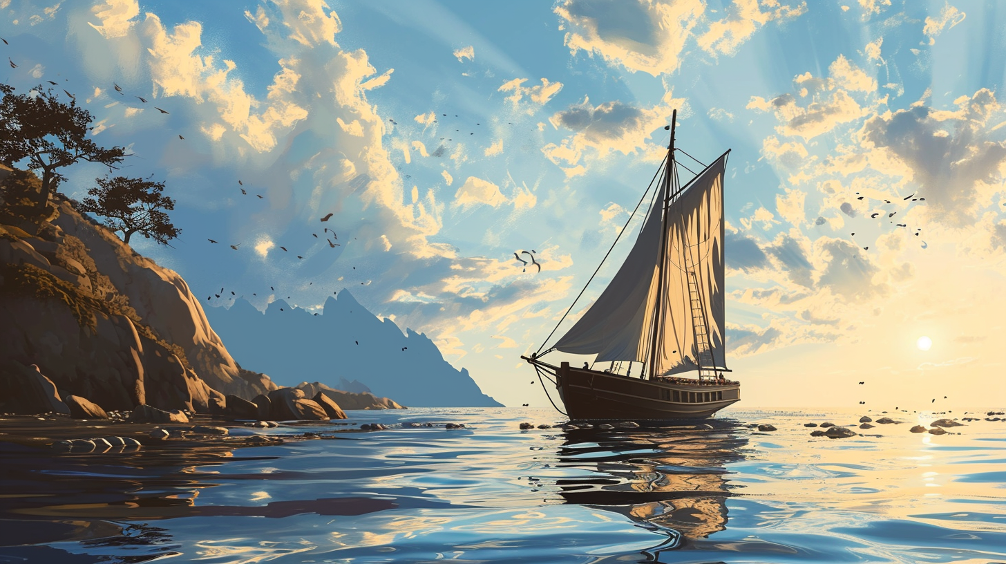 Illustration of a boat setting sail during daylight