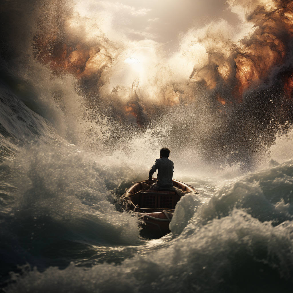 Man throwing stone into water causing tsunami