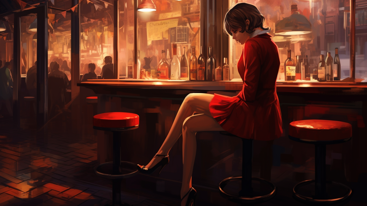 Girl with Bob Hairstyle in Red Dress at Bar