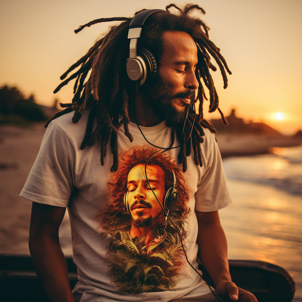 Young man enjoying Bob Marley's reggae at the beach