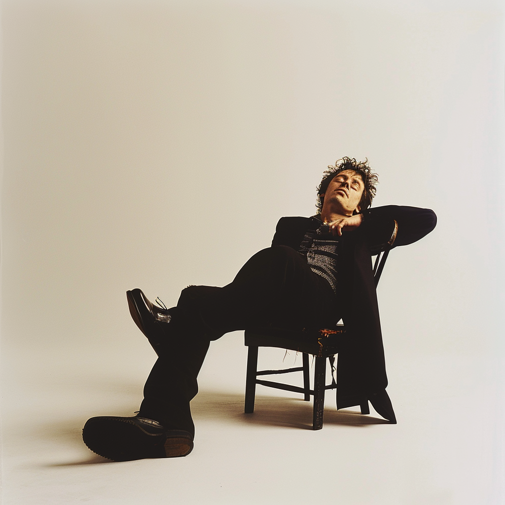 Bob Dylan sitting in chair pose