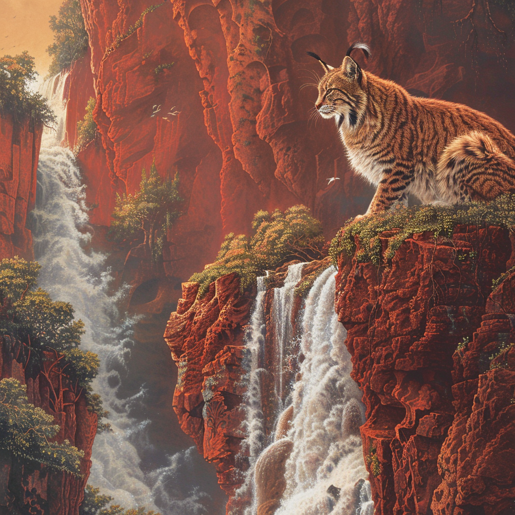 Bobcat on red cliff waterfall