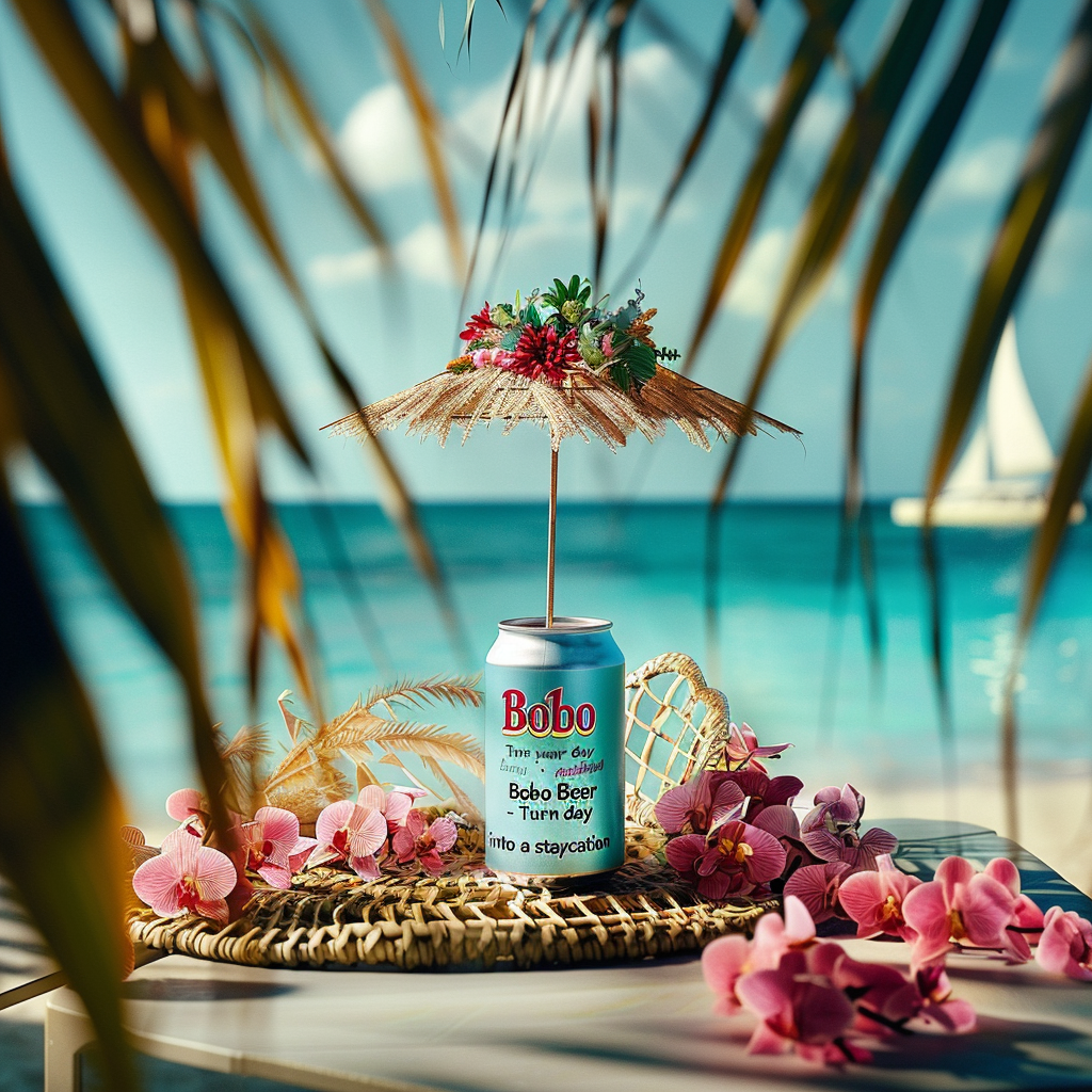 Bobo Beer can on beach table