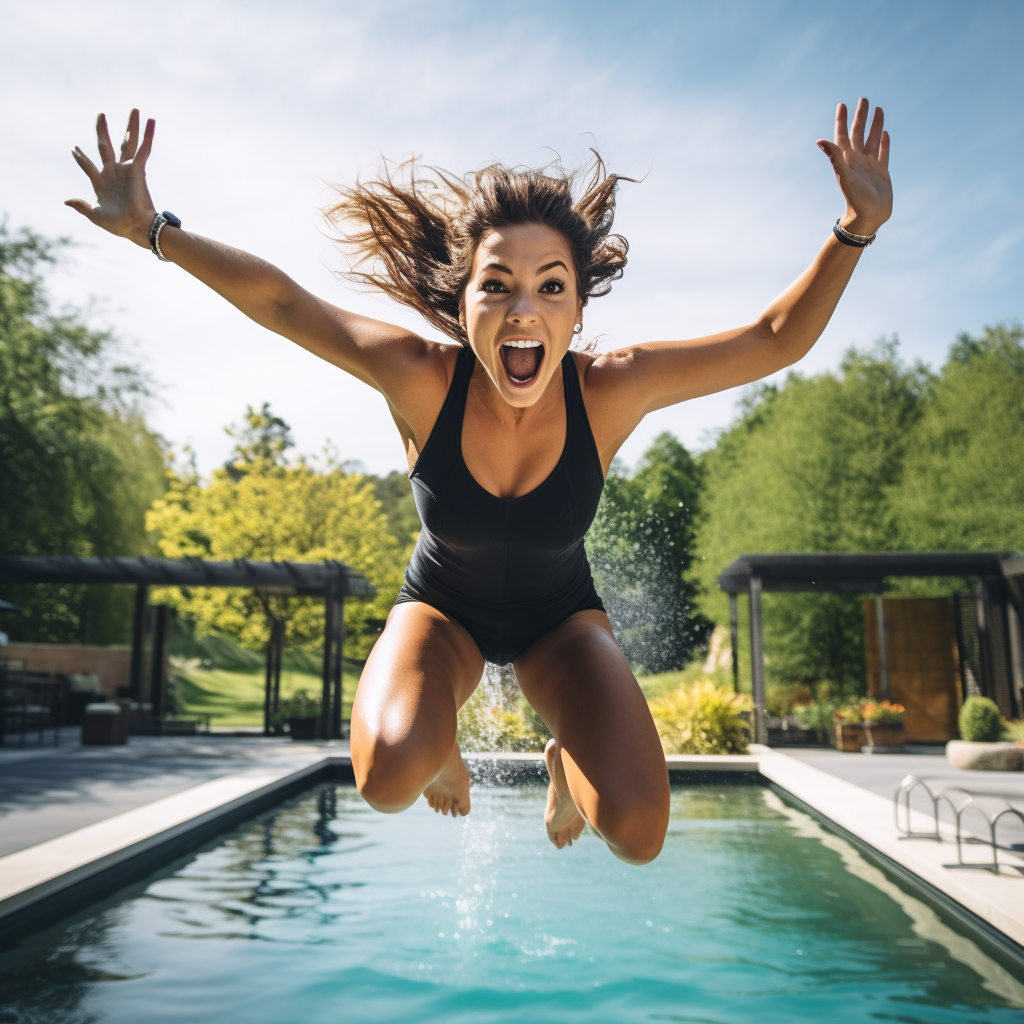 Fit woman achieving body goals, jumping into pool