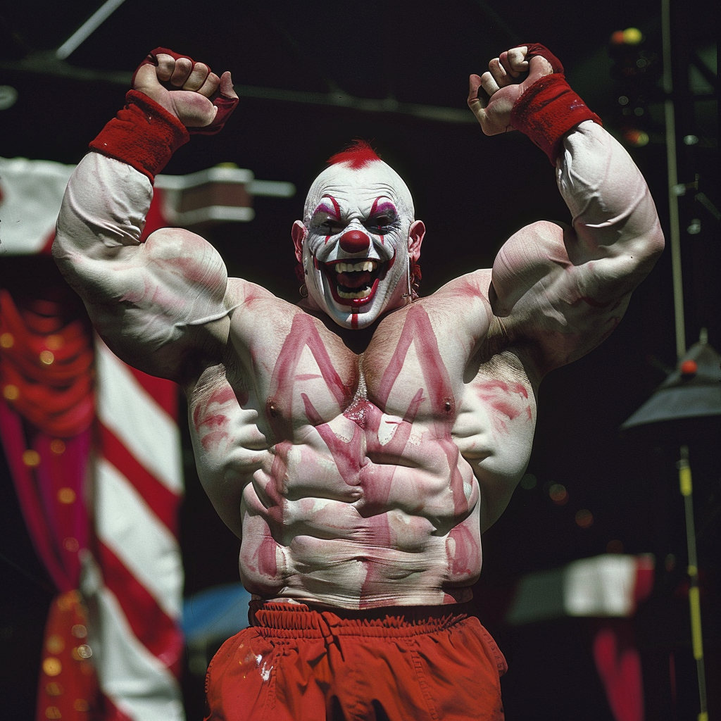 Bodybuilder clown flexing muscles