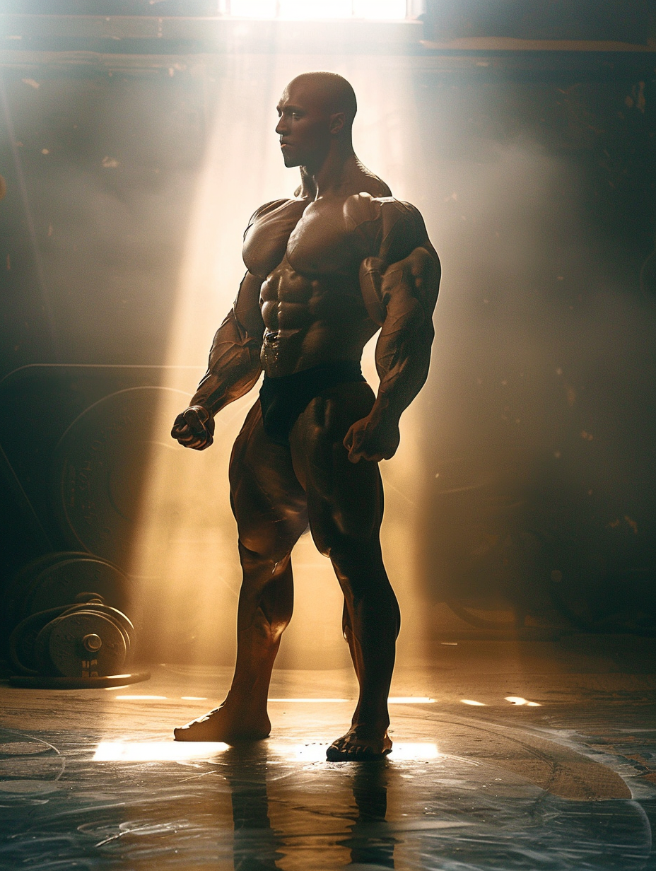 Muscular bodybuilder posing dramatically