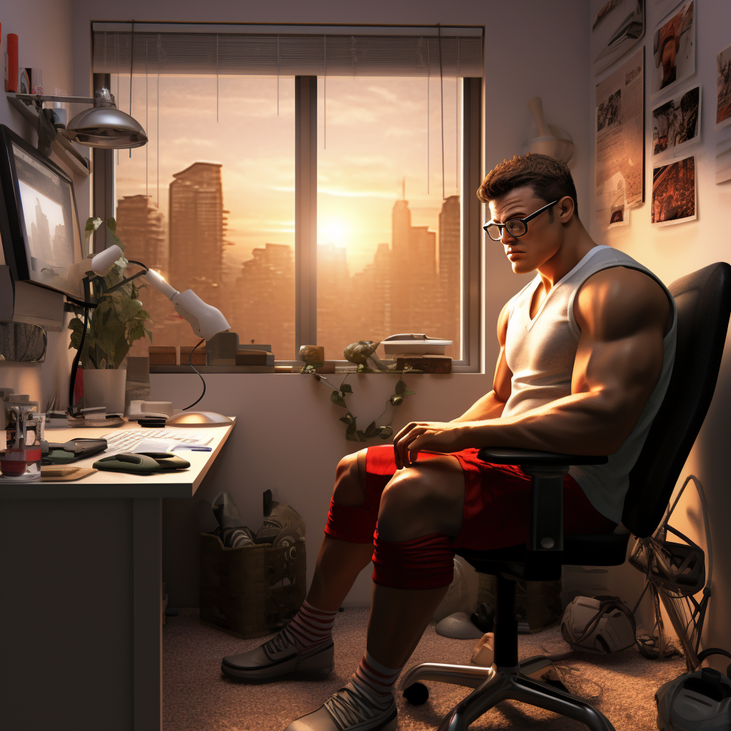 Bodybuilder sitting at desk in cozy room