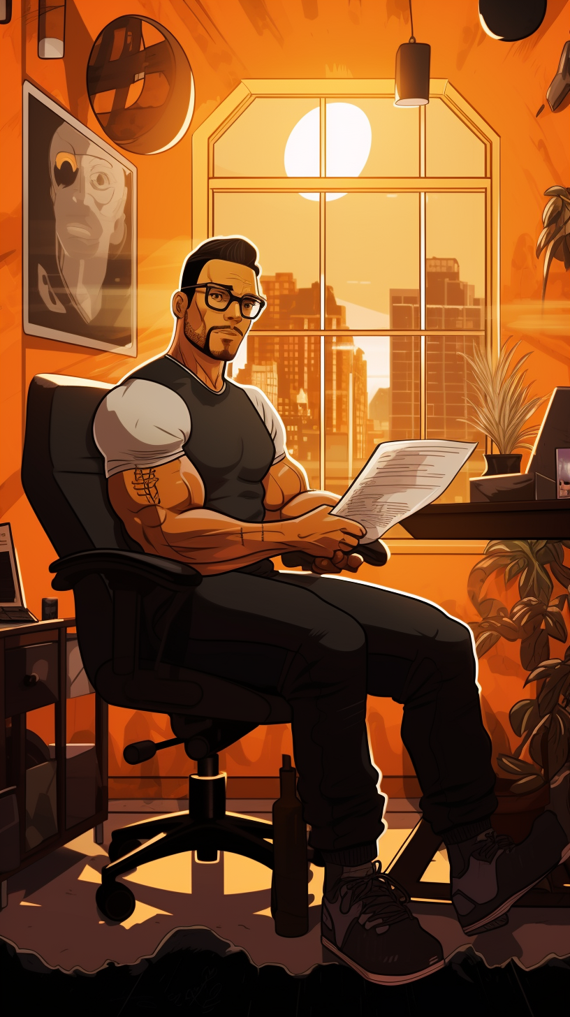 Serious bodybuilder sitting at desk in cozy room