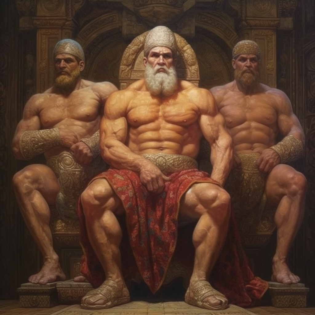 Bodybuilder with three wise men