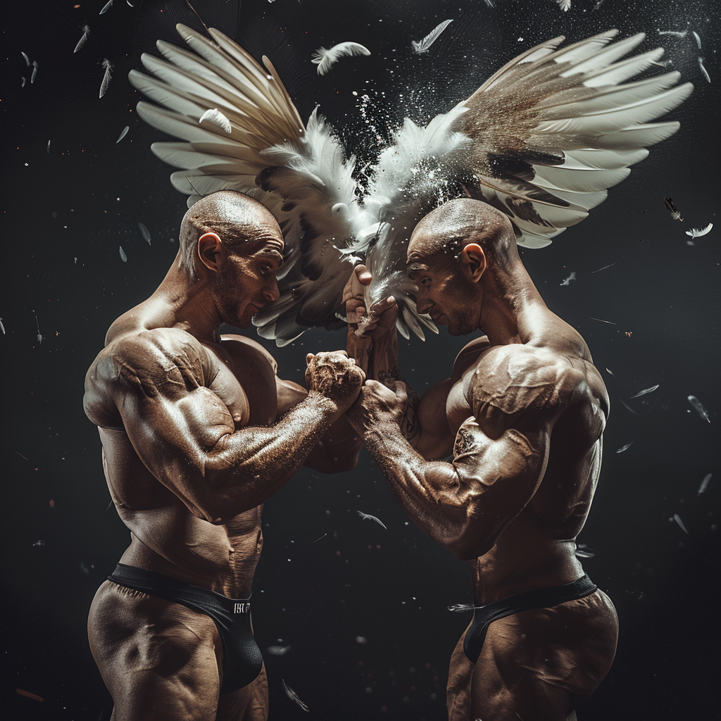 Two bodybuilders lifting feather