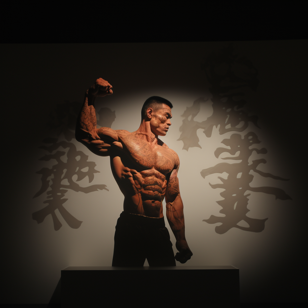 Bodybuilding athlete performing in Chinese Shadow Puppets style