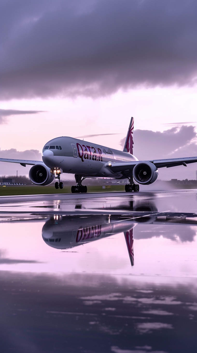 Boeing 777X landing on wet runway