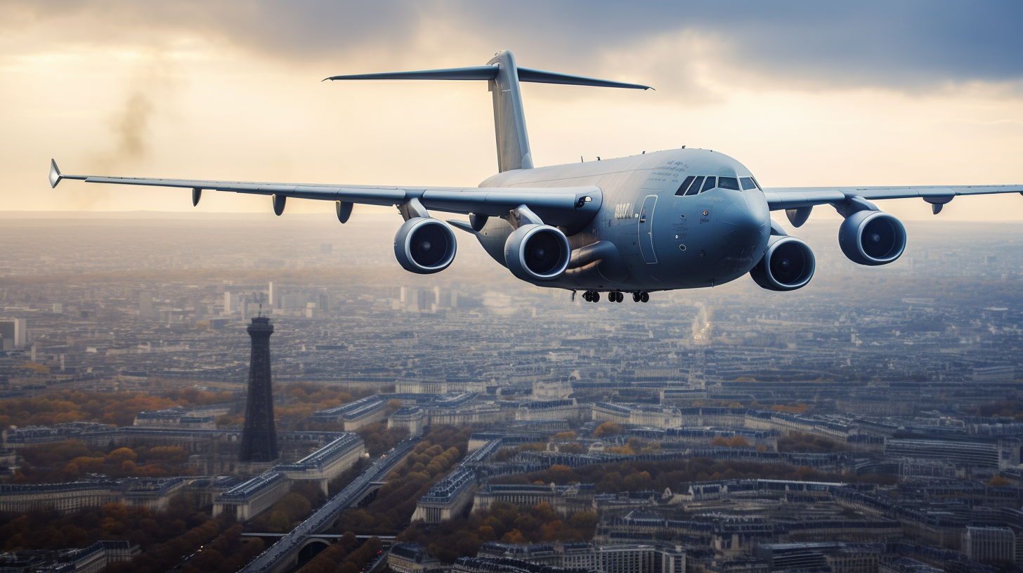 Boeing C-17 Globemaster flying over Paris Eiffel Tower